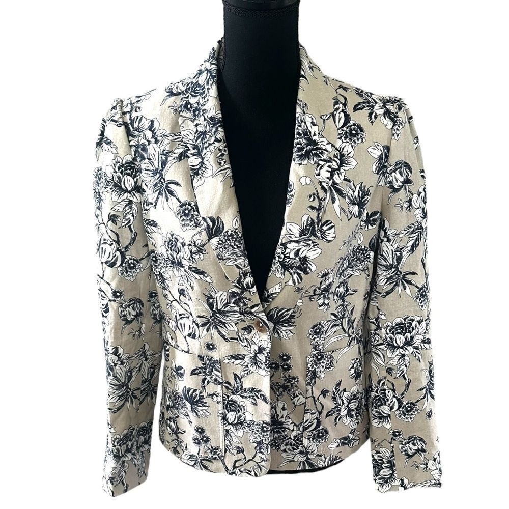 New Tommy Hilfiger Linen Blend Floral Blazer -Suit Jacket Tan Blue size 6   $159